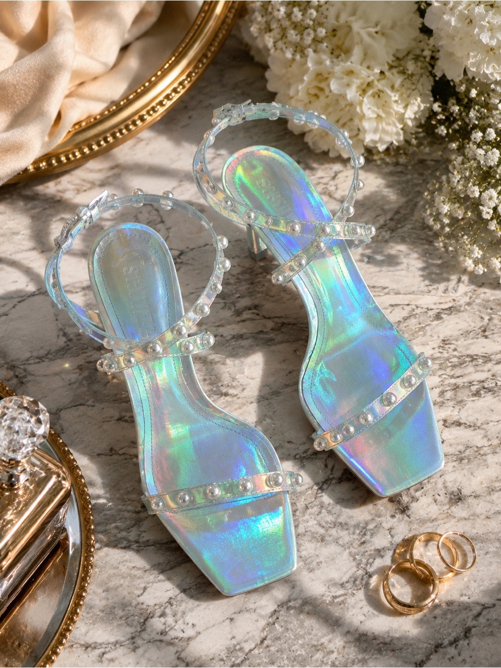 Schutz Pietra Holographic Pearl Vinyl Heels Size 9 Iridescent Strappy Sandals